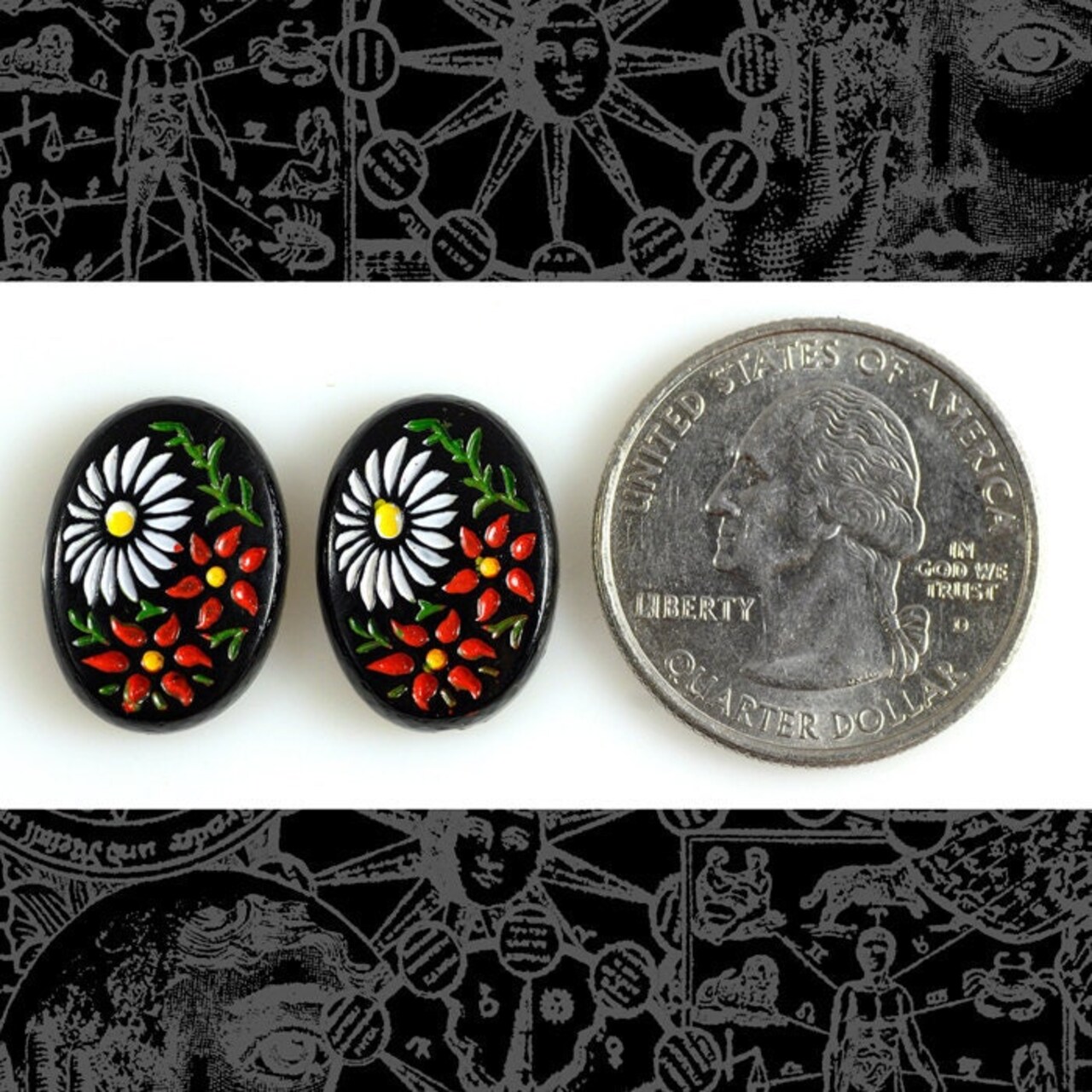 Vintage Painted Floral Glass Cabochons 18mm x 13mm - Set of Two - CAM77